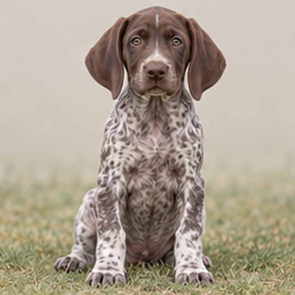 Liver and white spotted dog standing proudly with alert expression