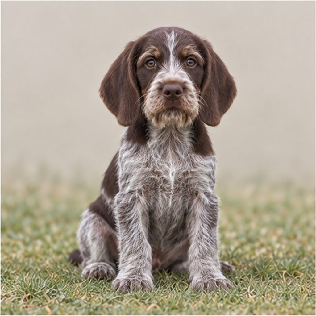 A wiry-coated dog with a distinctive brown and white pattern, standing alert