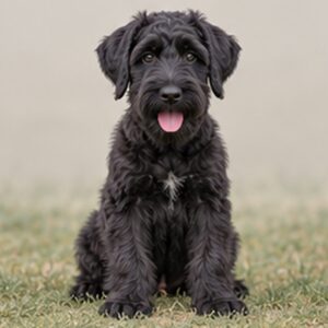 Large black dog with a dense, wiry coat standing proudly