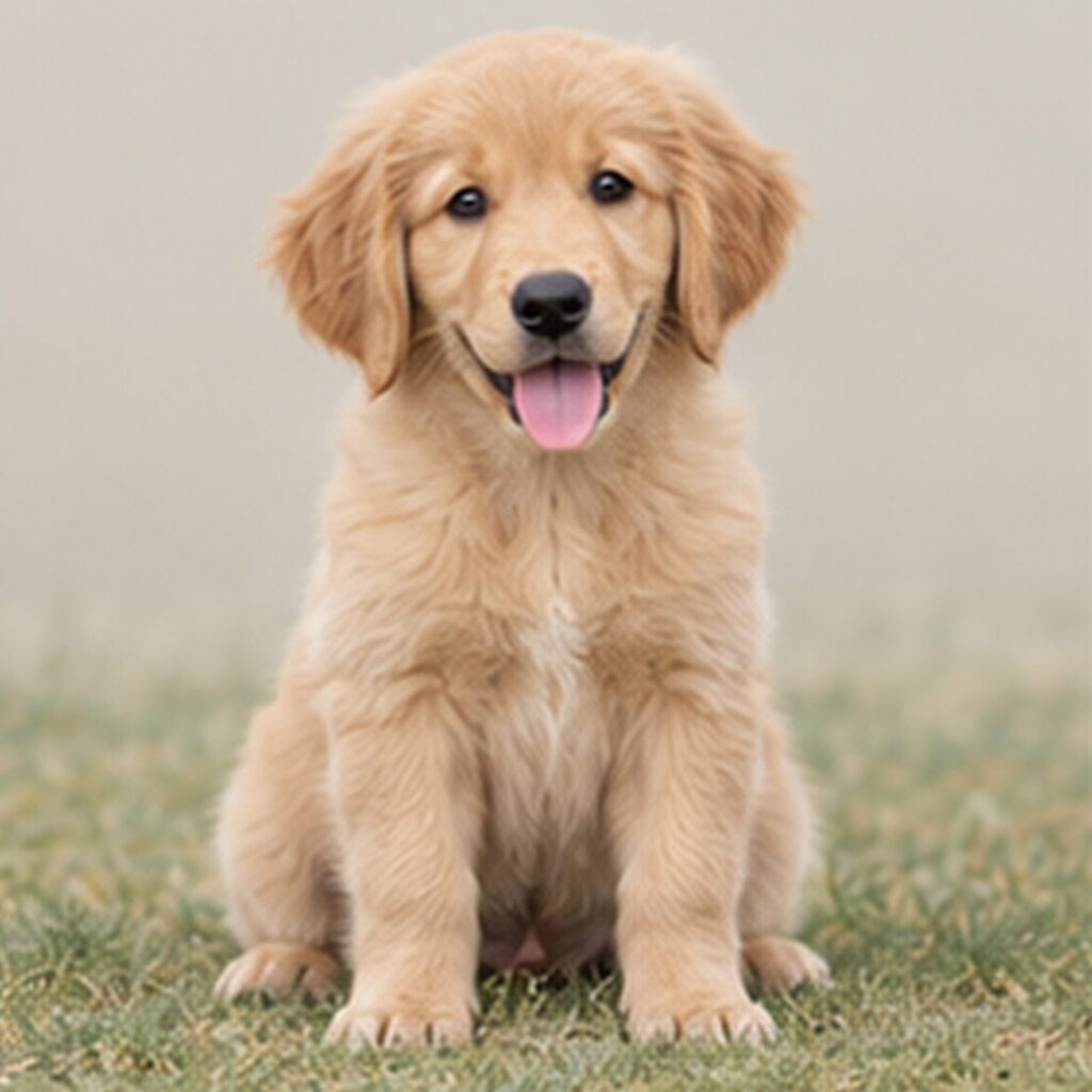 Fluffy golden coat, friendly expression, sitting attentively in a sunny field