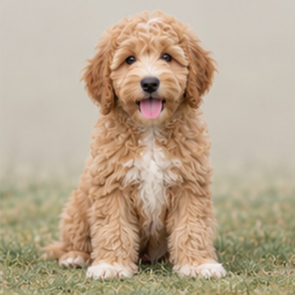 Fluffy gold and cream dog sitting playfully with a joyful expression