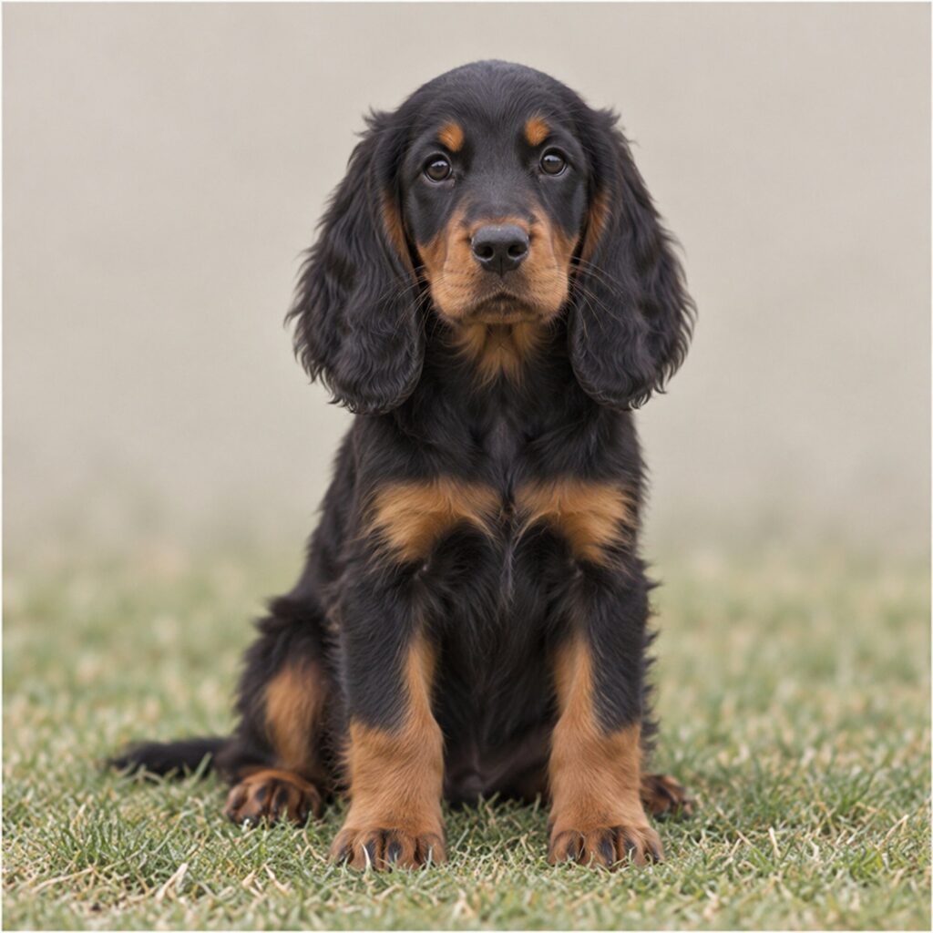 A majestic black and tan Gordon Setter standing proudly in a lush field