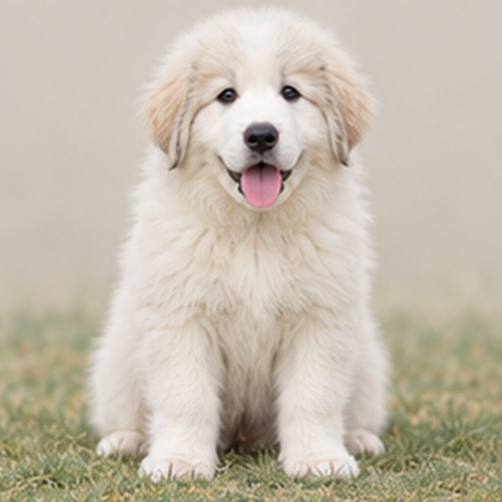 Fluffy white dog sitting majestically on a grassy hilltop