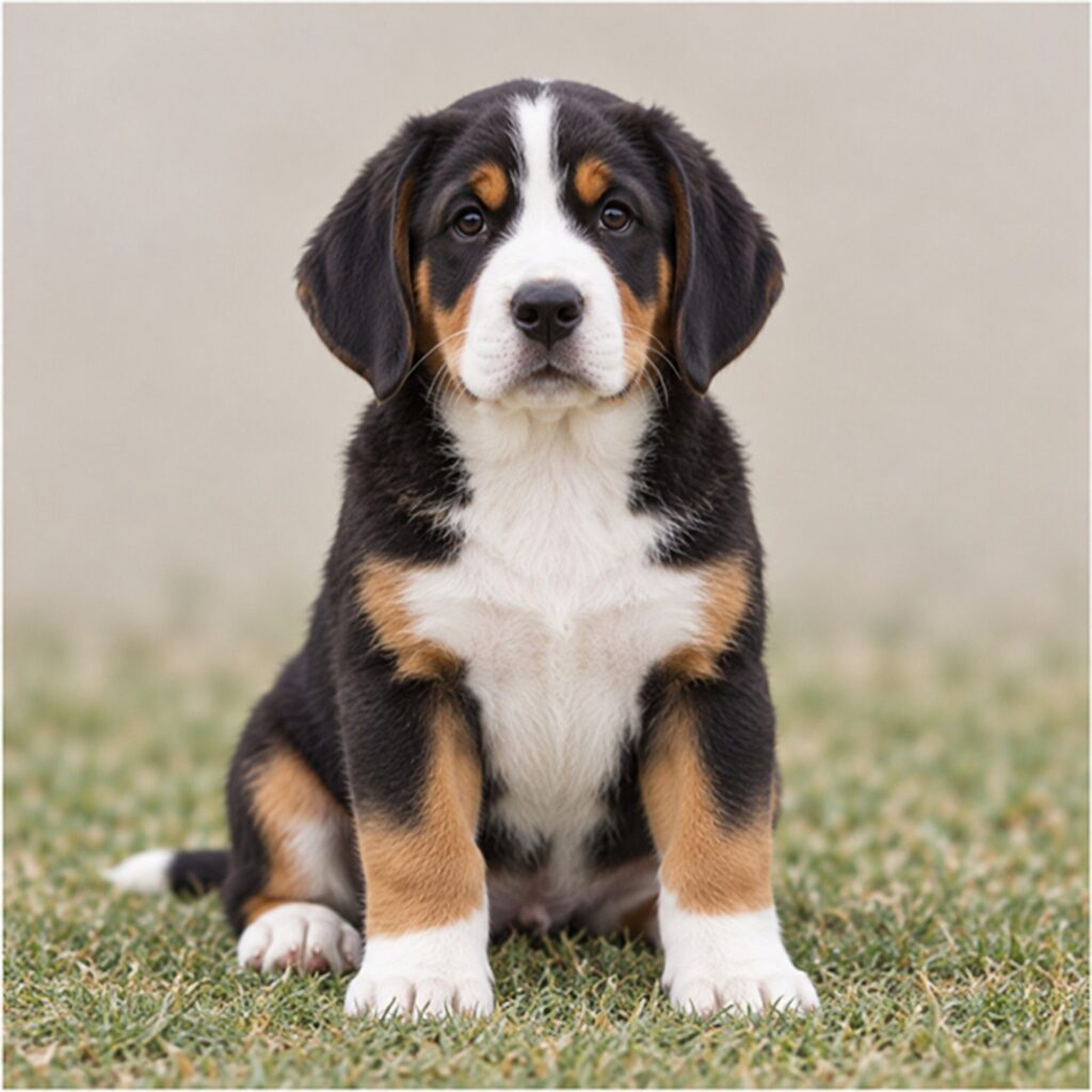 Large dog with a tricolor coat, standing proudly in a grassy field