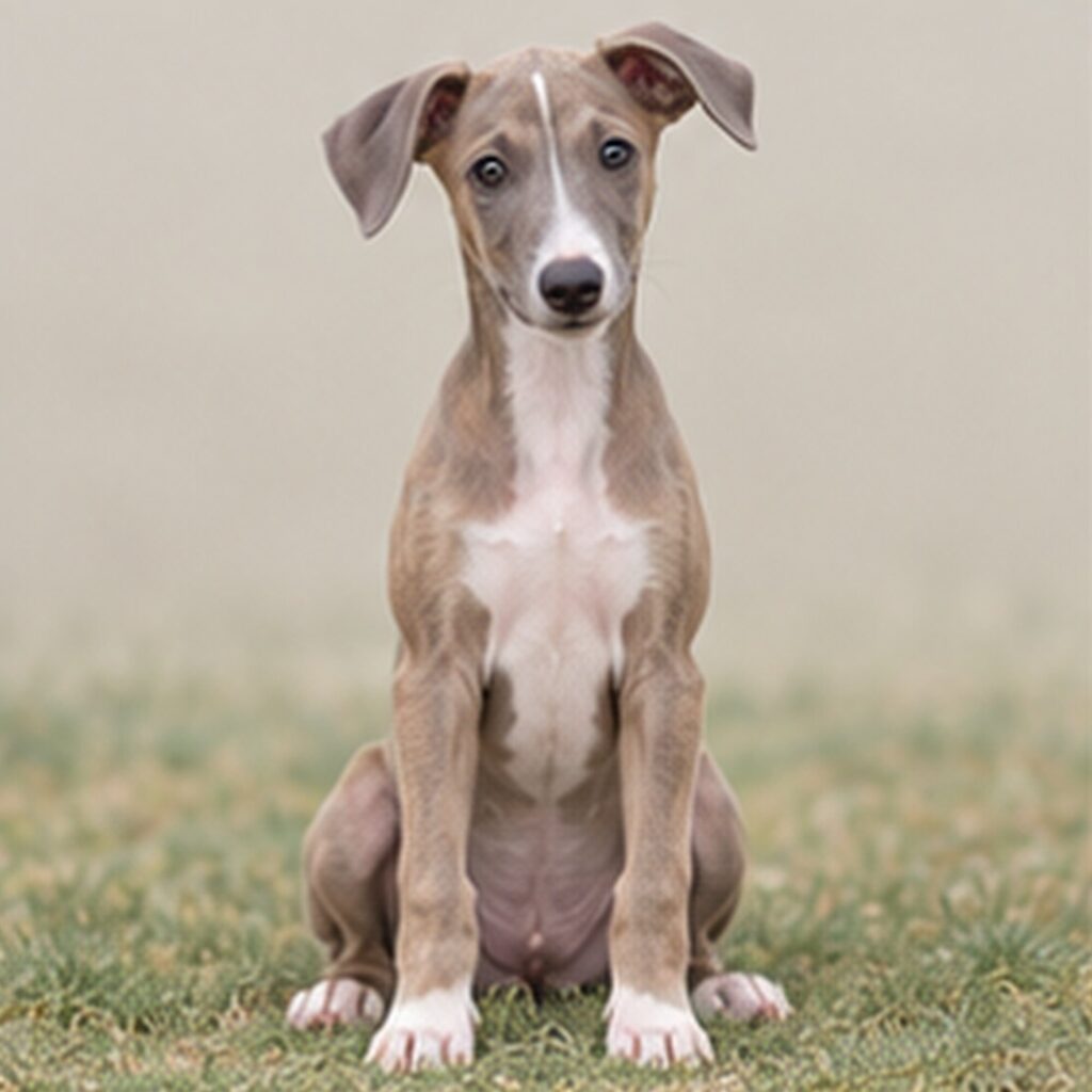 Sleek greyhound standing gracefully, showcasing short, smooth coat and alert expression