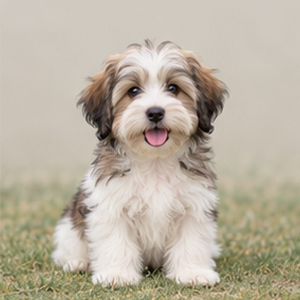 Fluffy, light-colored dog with long, flowing coat sitting playfully on grass