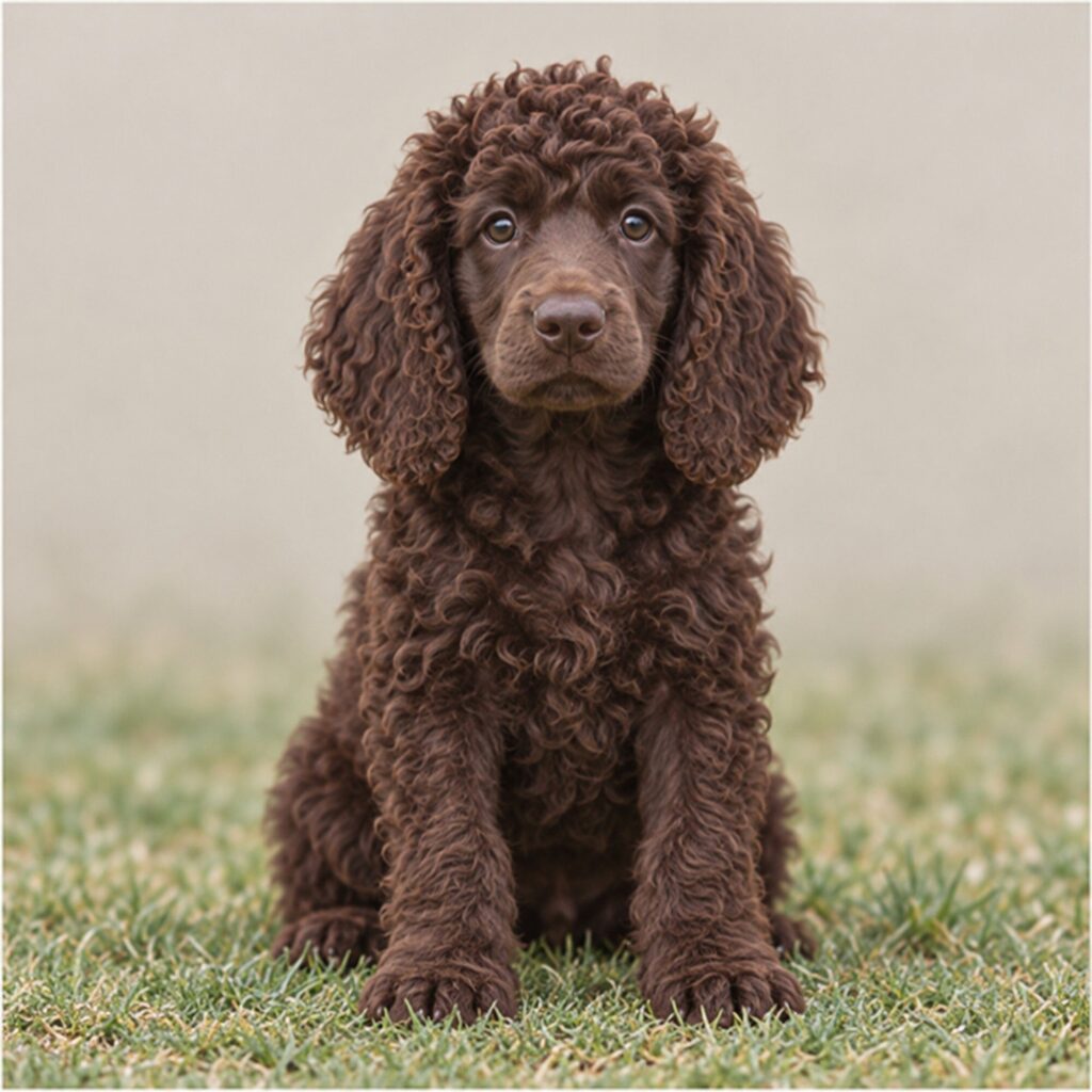 Curly, water-resistant coat in rich liver brown, playful posture by water's edge