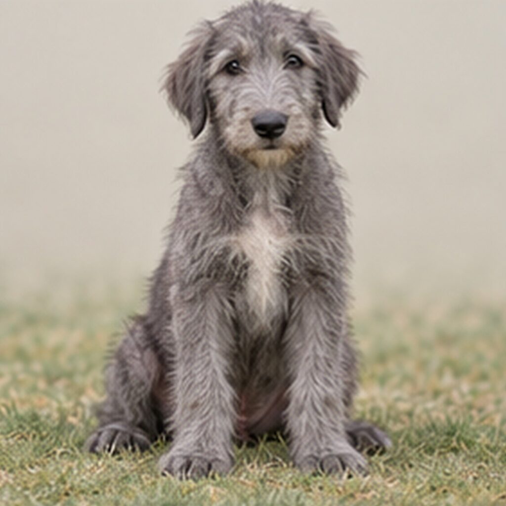 Tall, shaggy gray dog standing proudly in a grassy field