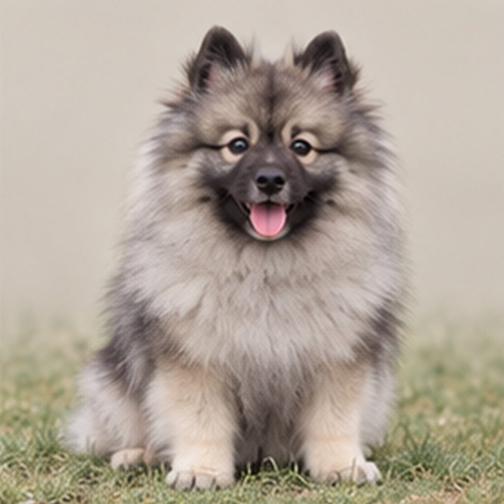 Fluffy gray and black dog with a thick coat and cheerful expression