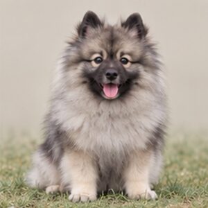 Fluffy gray and black dog with a thick coat and cheerful expression
