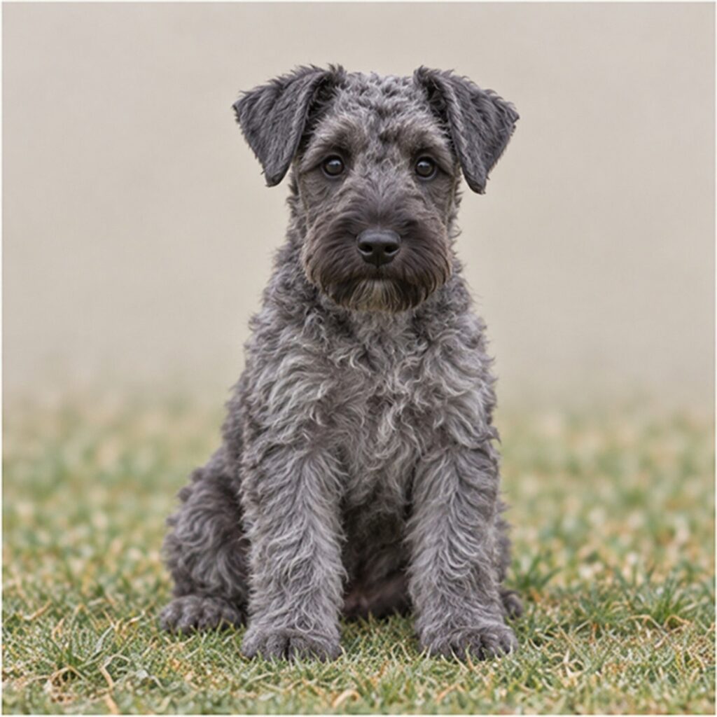 Fluffy, curly blue-gray coat with a playful stance and alert expression