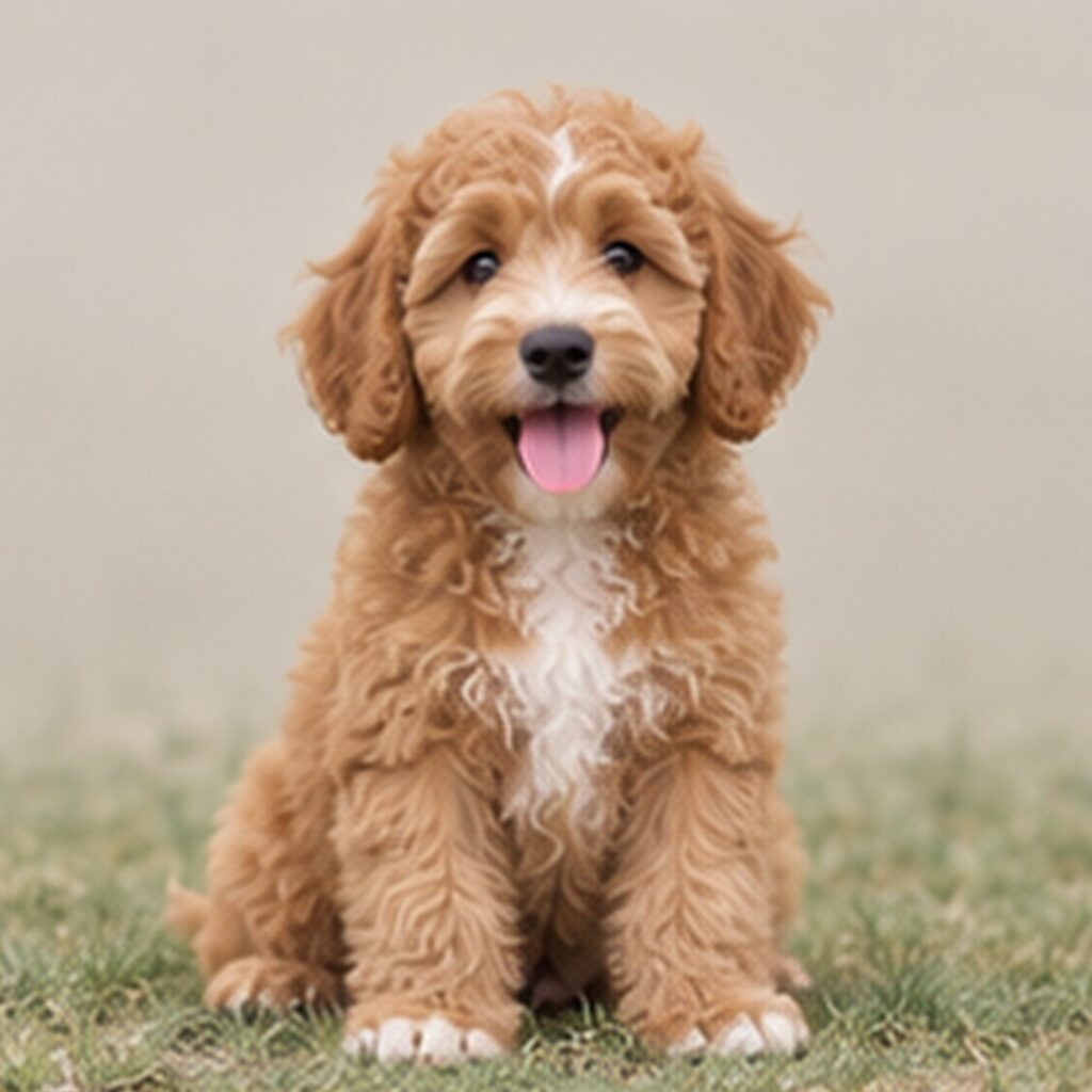 Curly-haired Labradoodle sitting proudly with a playful expression and brown coat