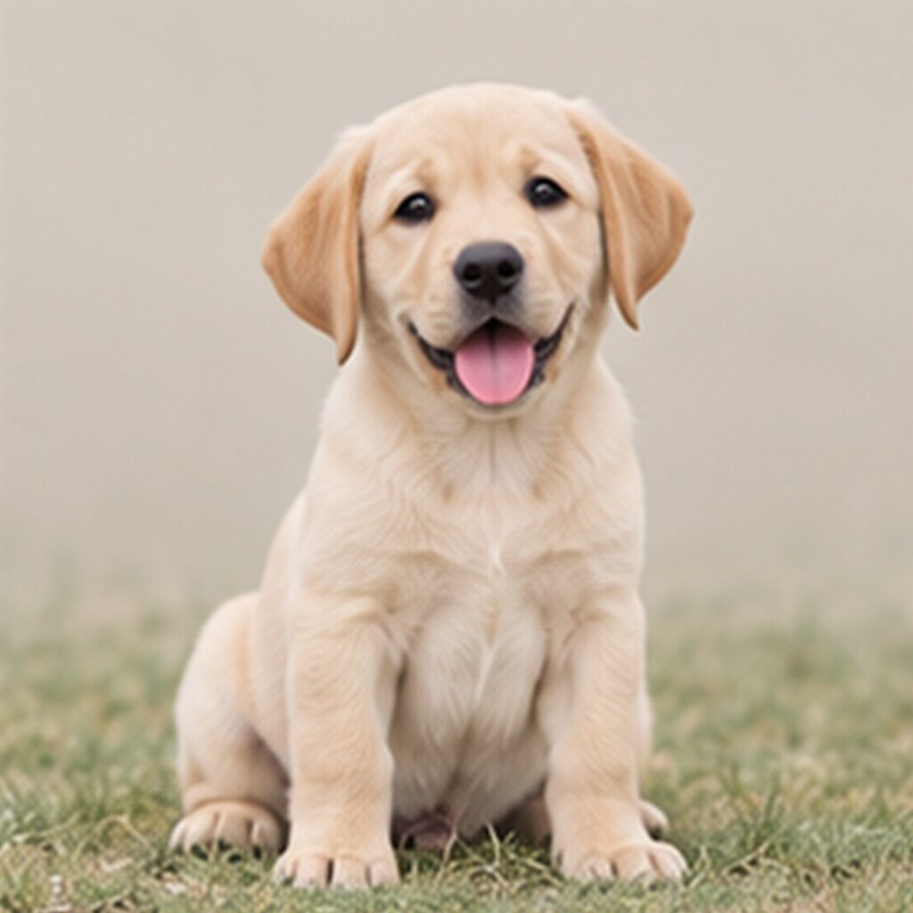 A playful yellow Labrador Retriever sitting outdoors with a wagging tail