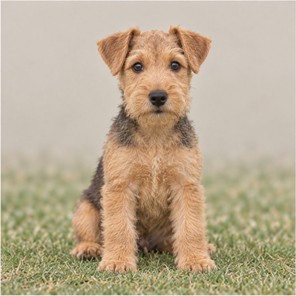 A lively Lakeland Terrier with a wiry ginger coat standing alert outdoors