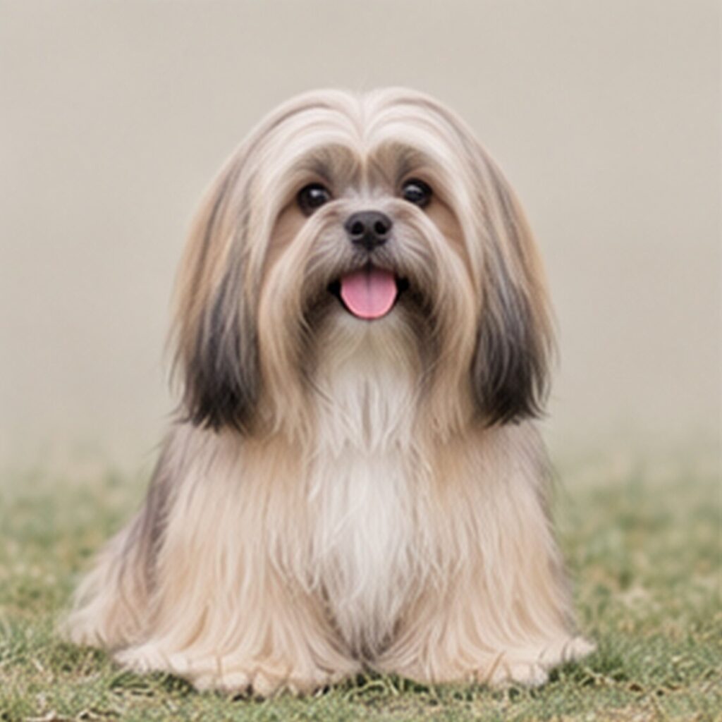 Fluffy Lhasa Apso with a long, flowing coat sitting alertly