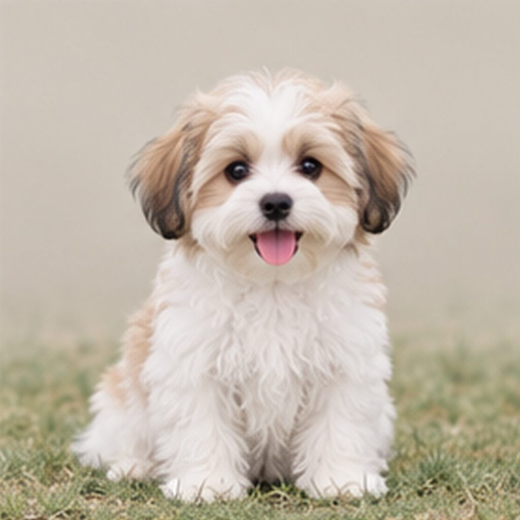 Fluffy Malshi with a white and cream coat sitting playfully on grass