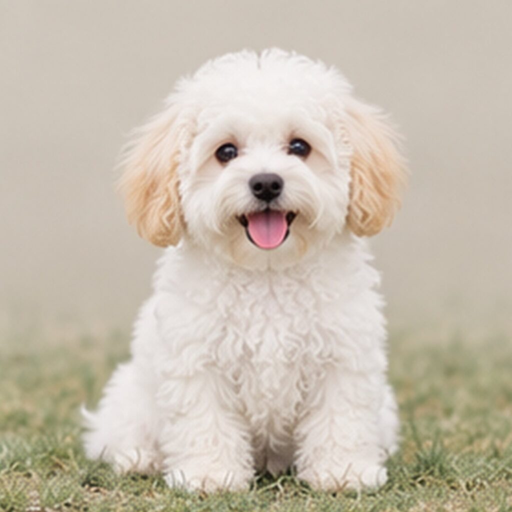 Fluffy white dog with a playful stance and bright eyes