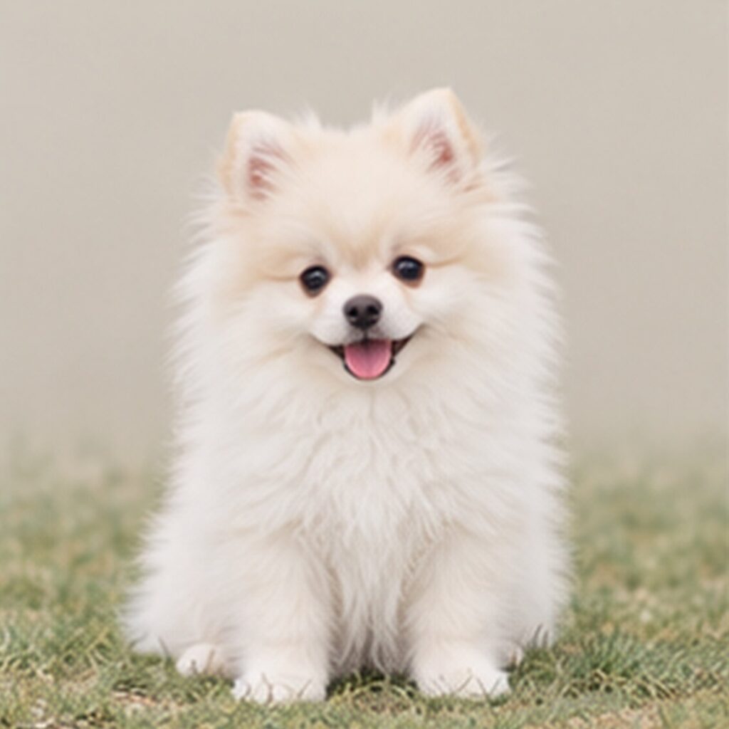 Fluffy white and tan dog standing attentively with a playful expression