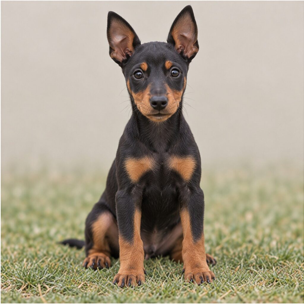 Sleek black and tan dog standing alert with a slight smile