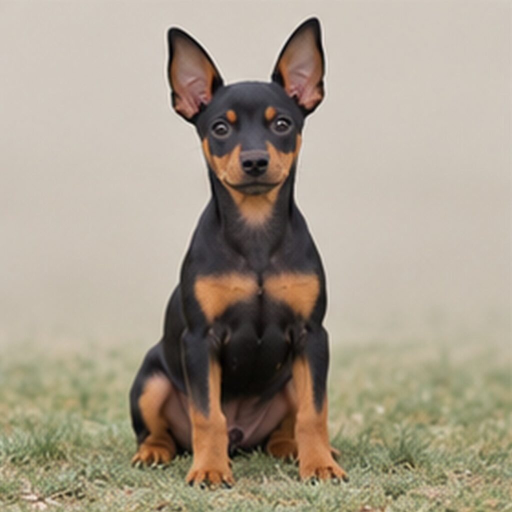 Small, sleek dog with short black and tan coat, standing alert