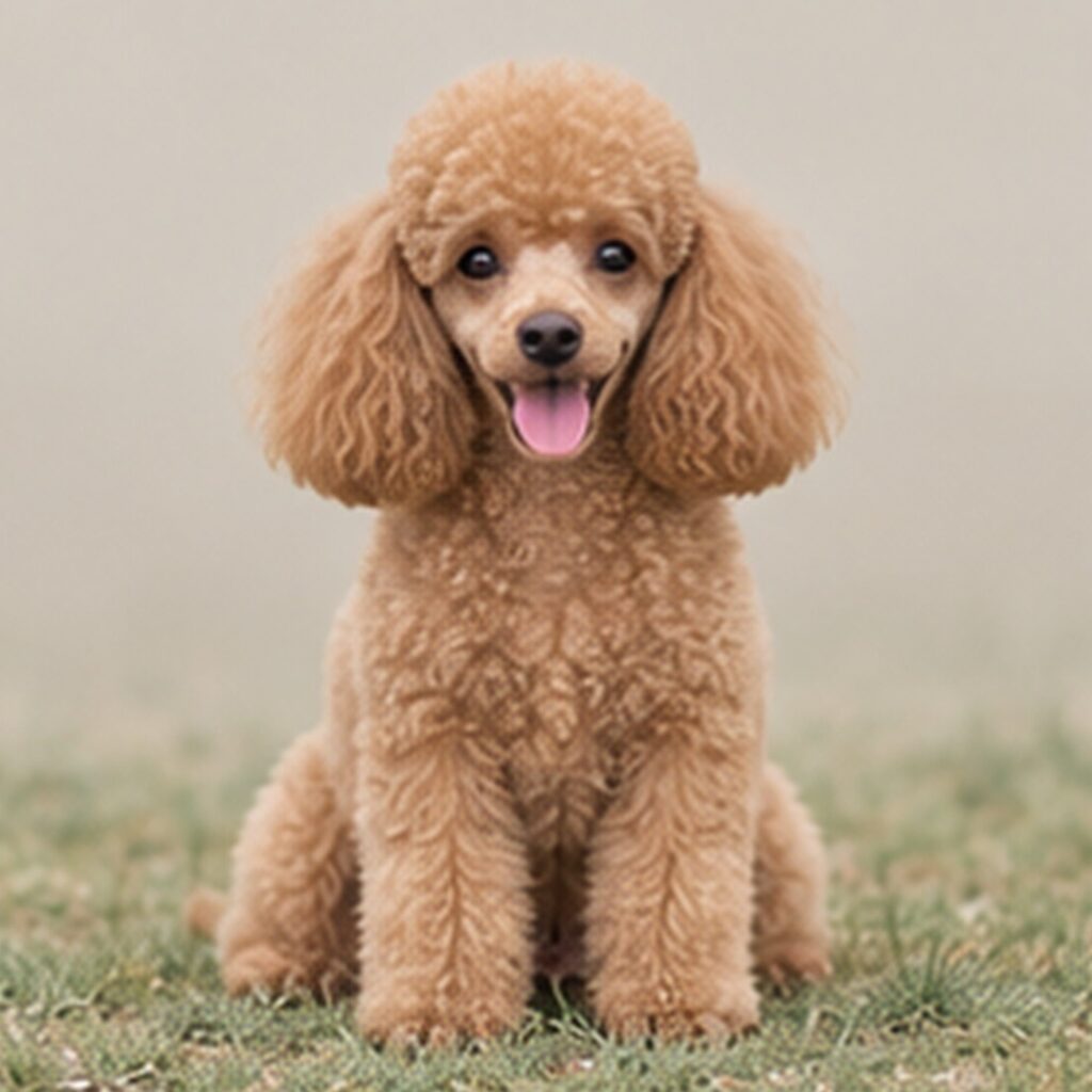 A small, curly-coated dog with a lively expression and alert posture