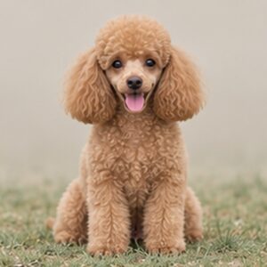 A small, curly-coated dog with a lively expression and alert posture