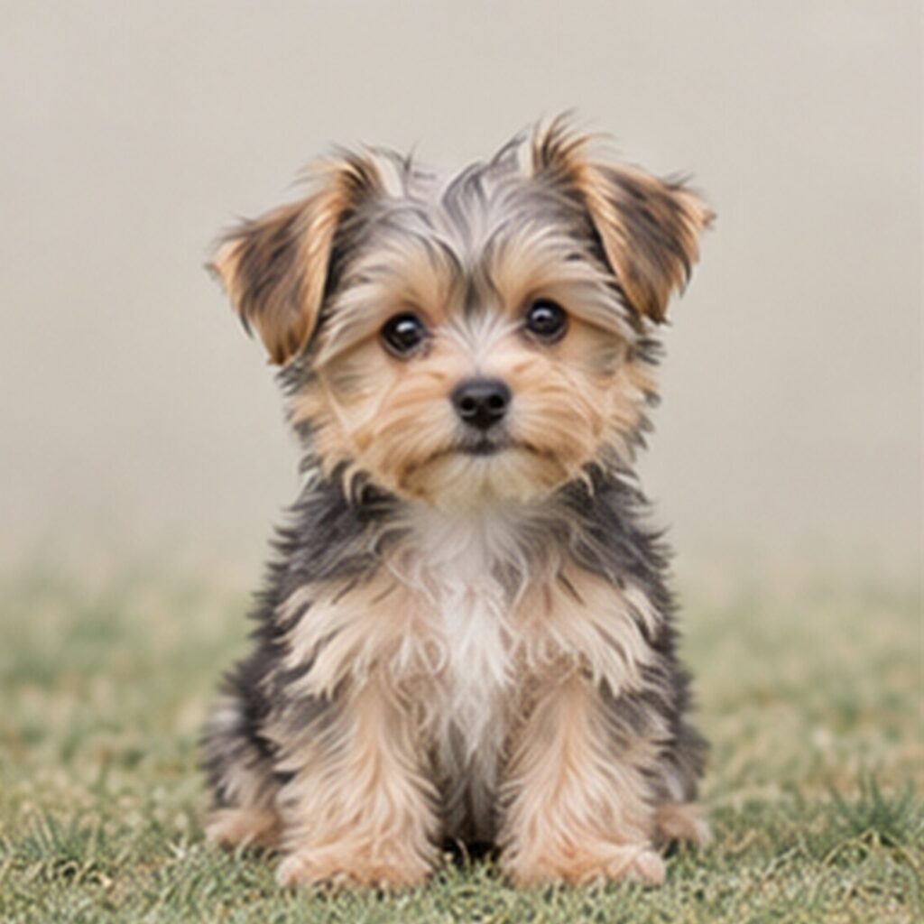 Small, fluffy dog with a blend of tan and black fur, sitting attentively