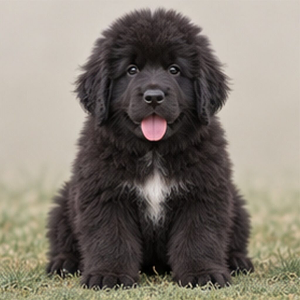 Large, fluffy black dog with a thick coat, standing proudly by water