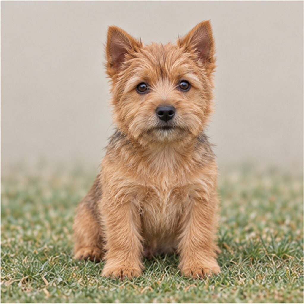 Small, wiry dog with a scruffy golden coat, alert stance and friendly expression