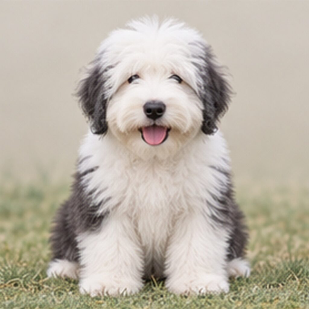 Fluffy, gray and white coat, standing confidently with a playful expression