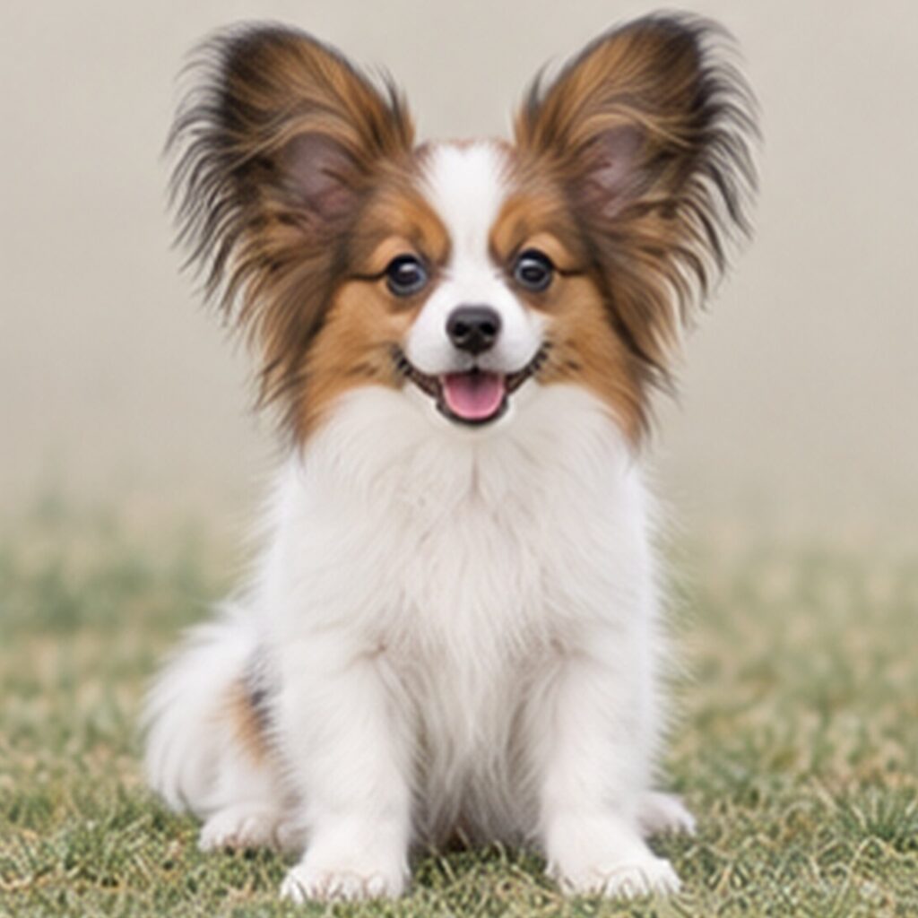 Small, fluffy dog with large ears, white and tan coat, standing alert