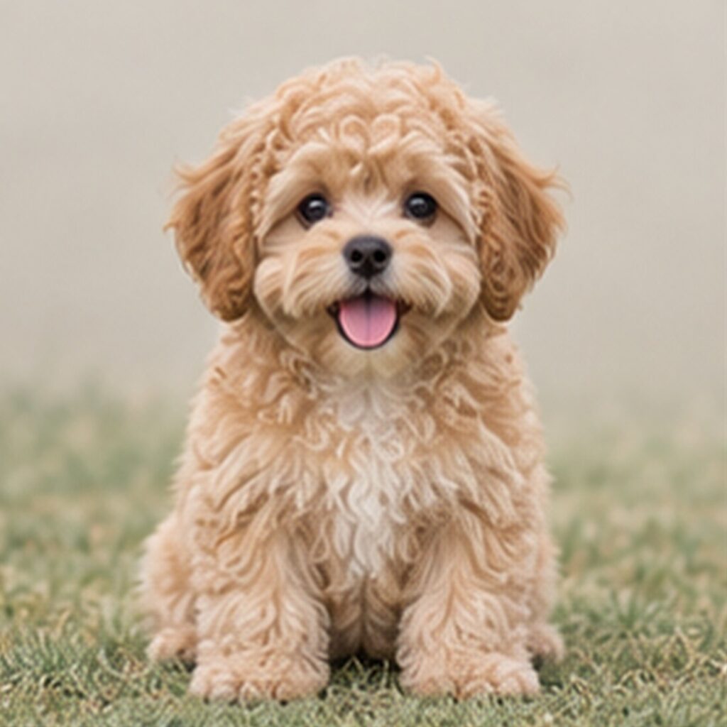 Fluffy, small dog with a mix of curly and straight fur, sitting gracefully