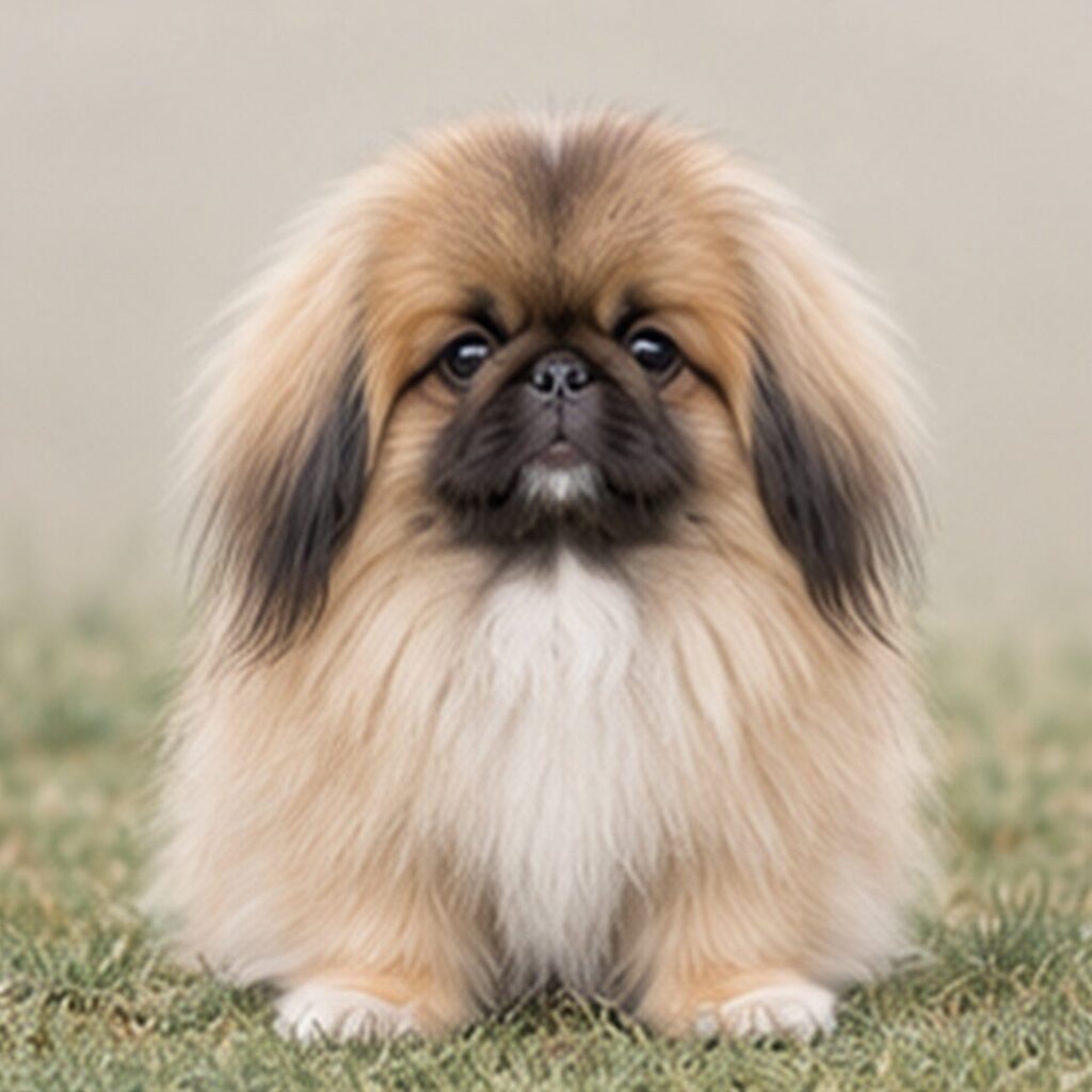 Fluffy, golden coat Pekingese sitting proudly with a regal expression