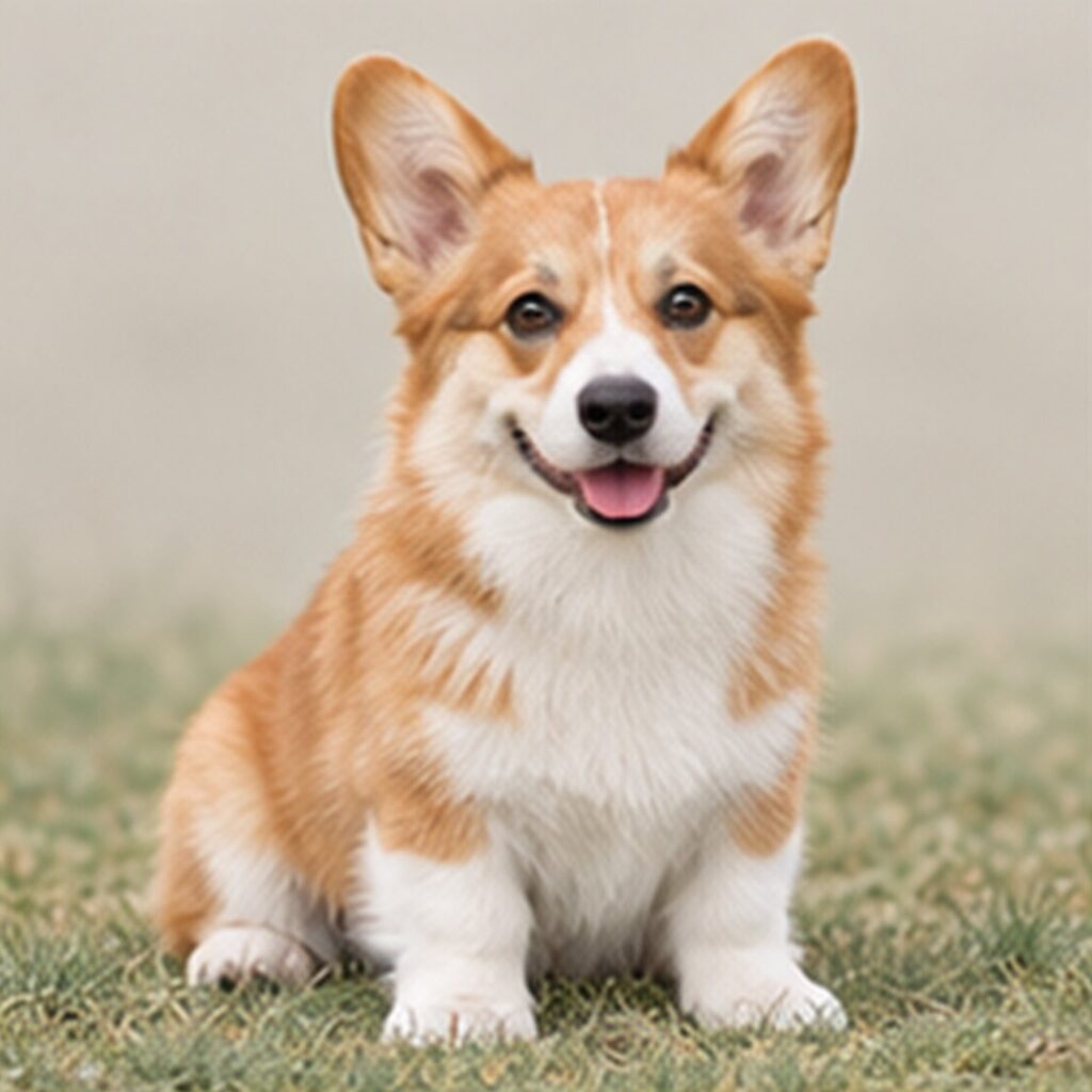 Fluffy, red and white Corgi standing proudly with a wagging tail