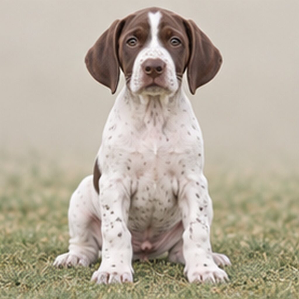 Elegant brown and white spotted dog standing alert in a grassy field