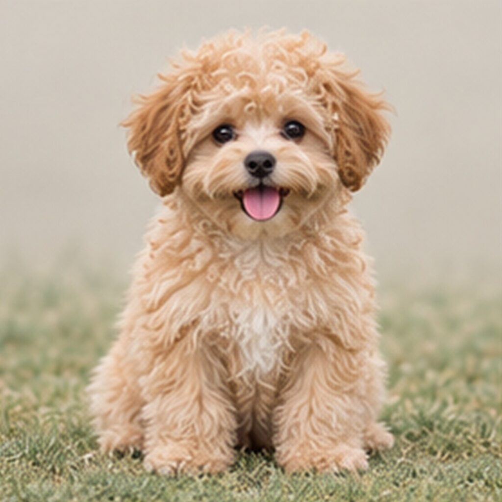 Fluffy tan and white dog sitting upright with a playful expression