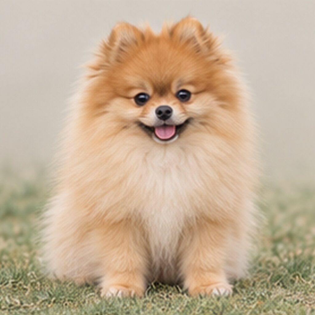 Fluffy orange Pomeranian standing proudly with bright, expressive eyes