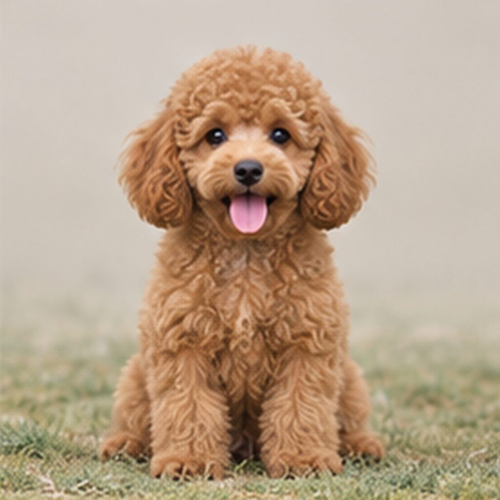 Curly-haired poodle standing proudly with a cheerful expression and bright eyes