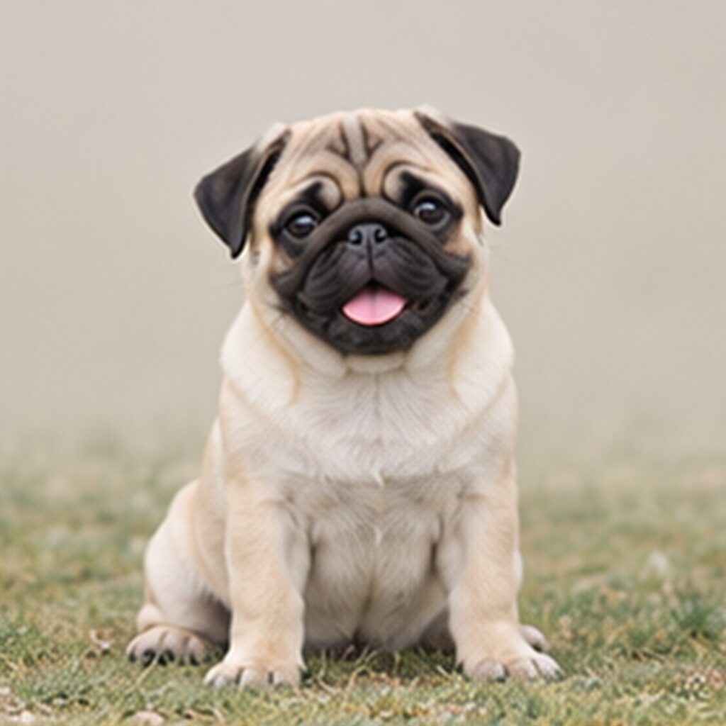 Fawn-colored pug with a curled tail sitting proudly and looking curious