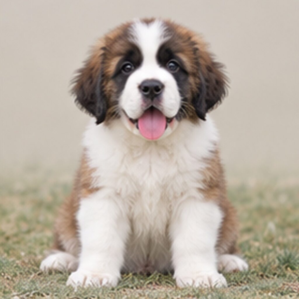 Large, fluffy Saint Bernard with a brown and white coat sitting proudly