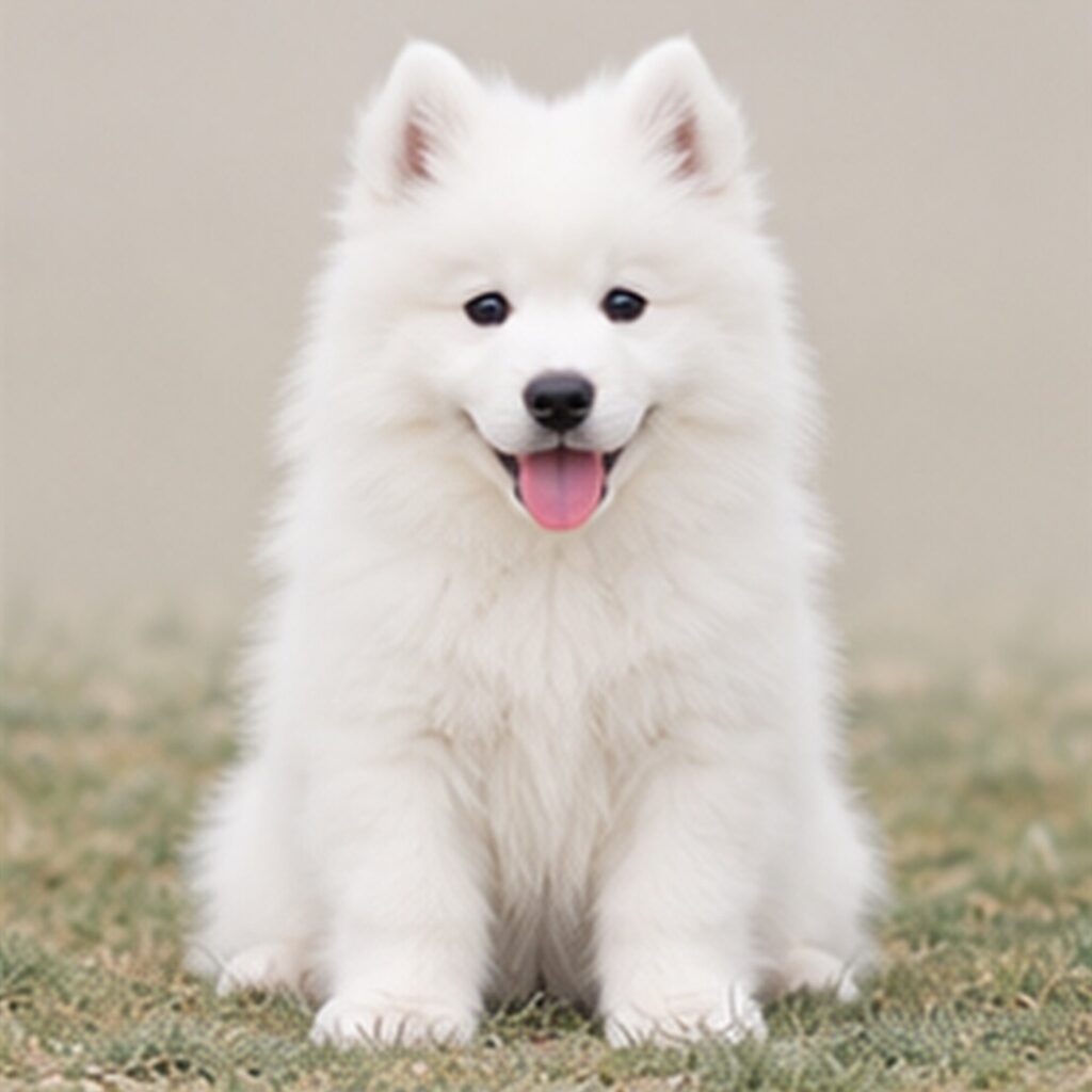 Fluffy white dog with a happy expression, standing proudly outdoors
