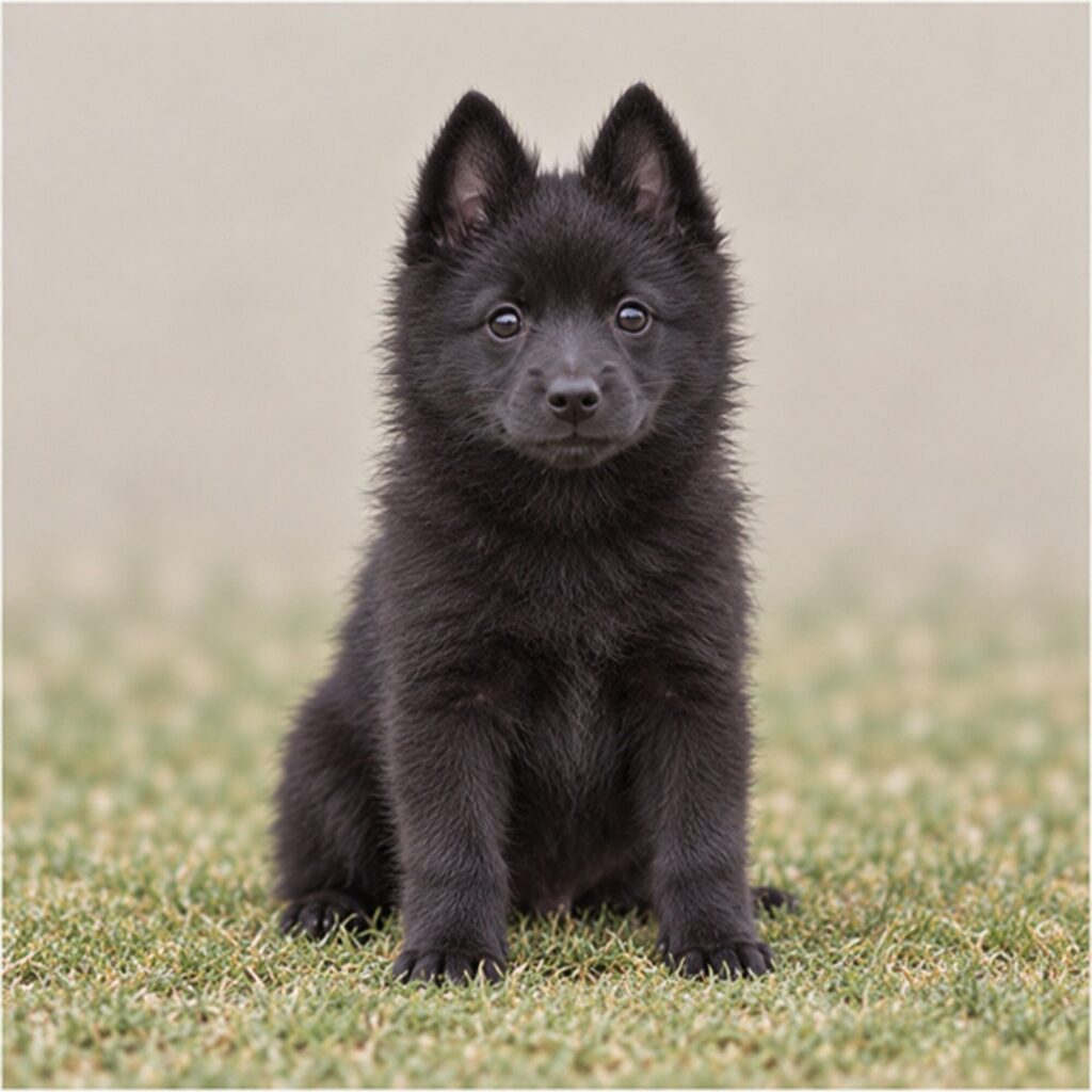 Black, fluffy Schipperke sitting upright with alert expression and perked ears