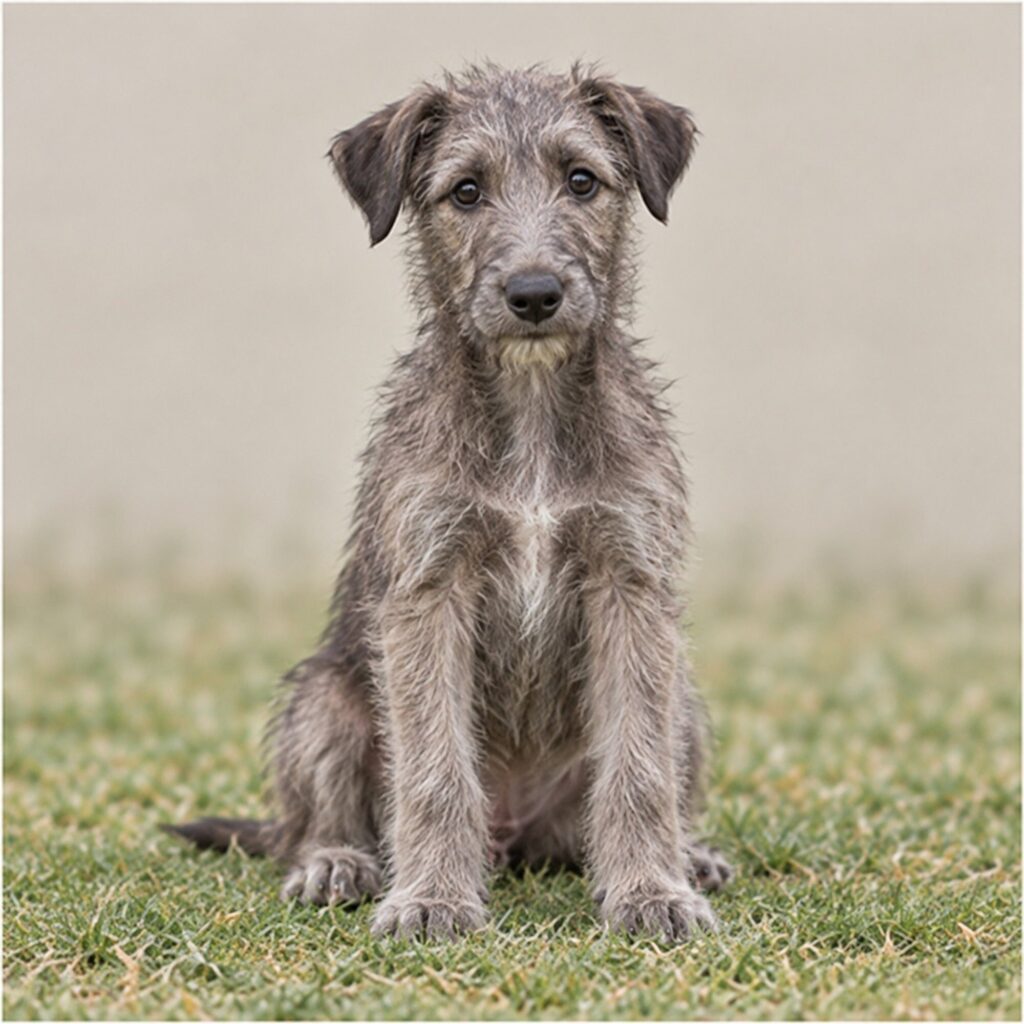 Tall, slender dog with a wiry gray coat standing proudly outdoors