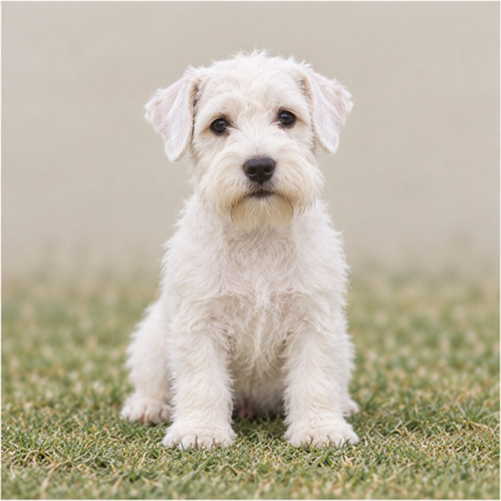 White, scruffy-coated Sealyham Terrier standing alert with playful eyes