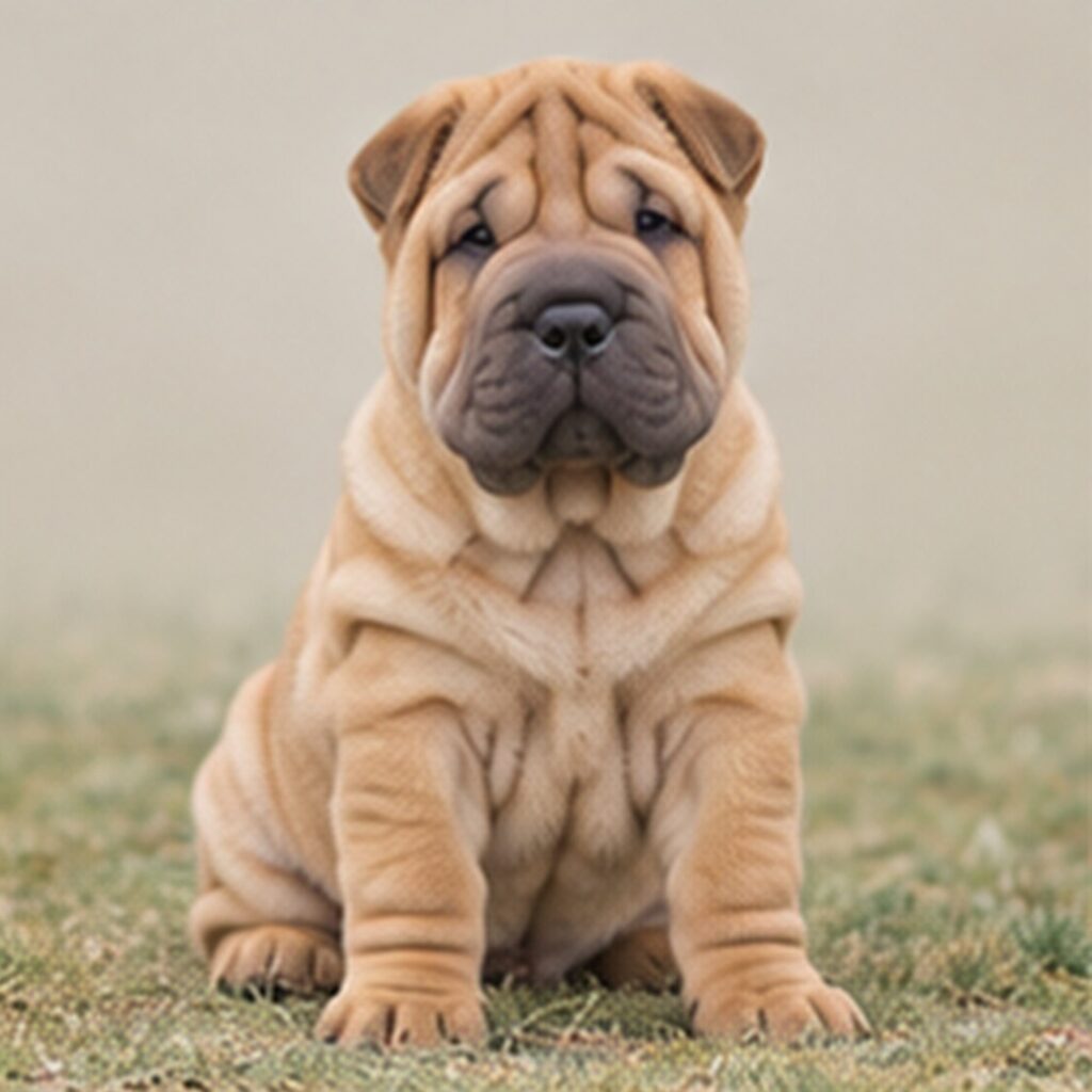 Wrinkled dog with a short, bristly coat, sitting upright and alert
