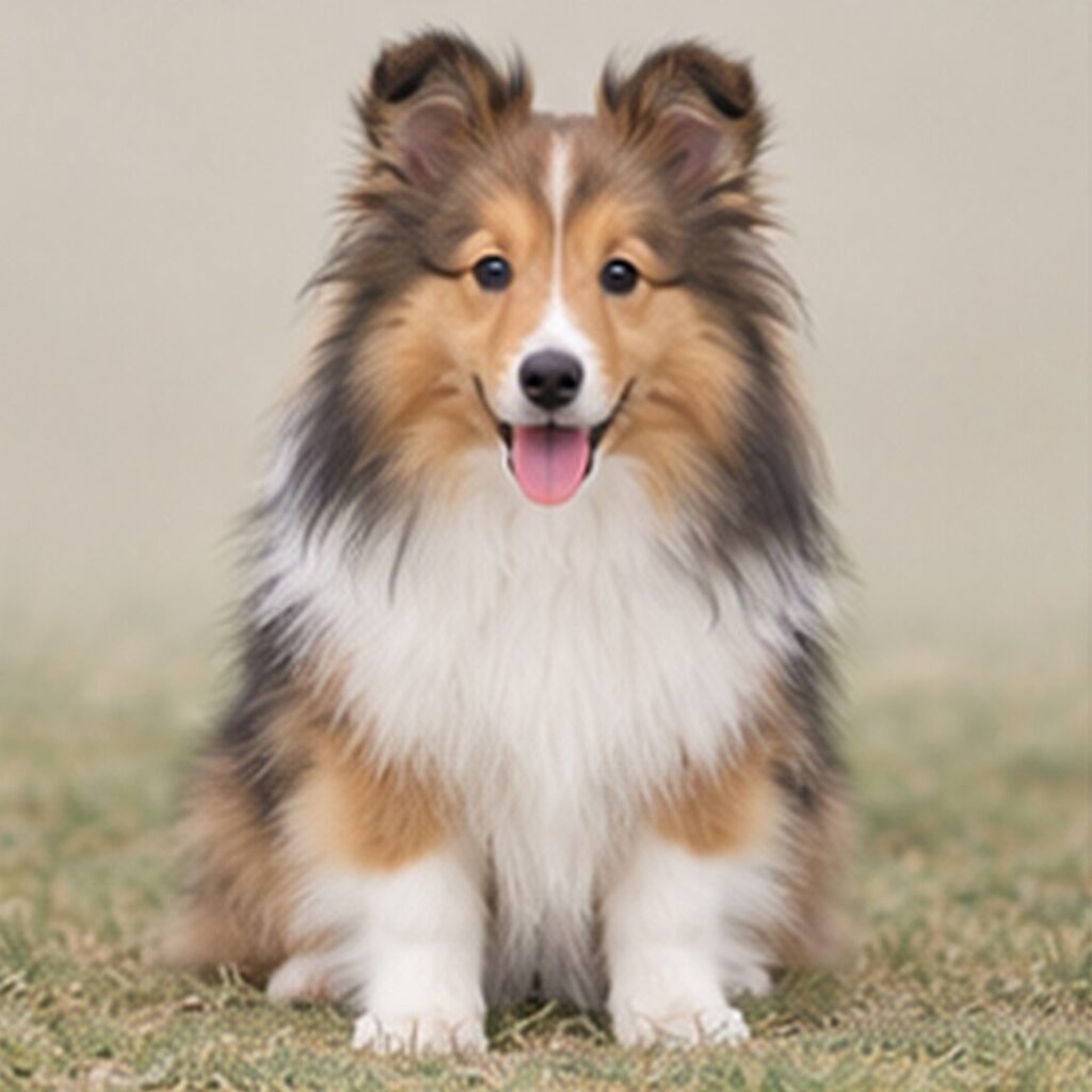 Shetland Sheepdog with a thick, layered coat, standing proudly outdoors