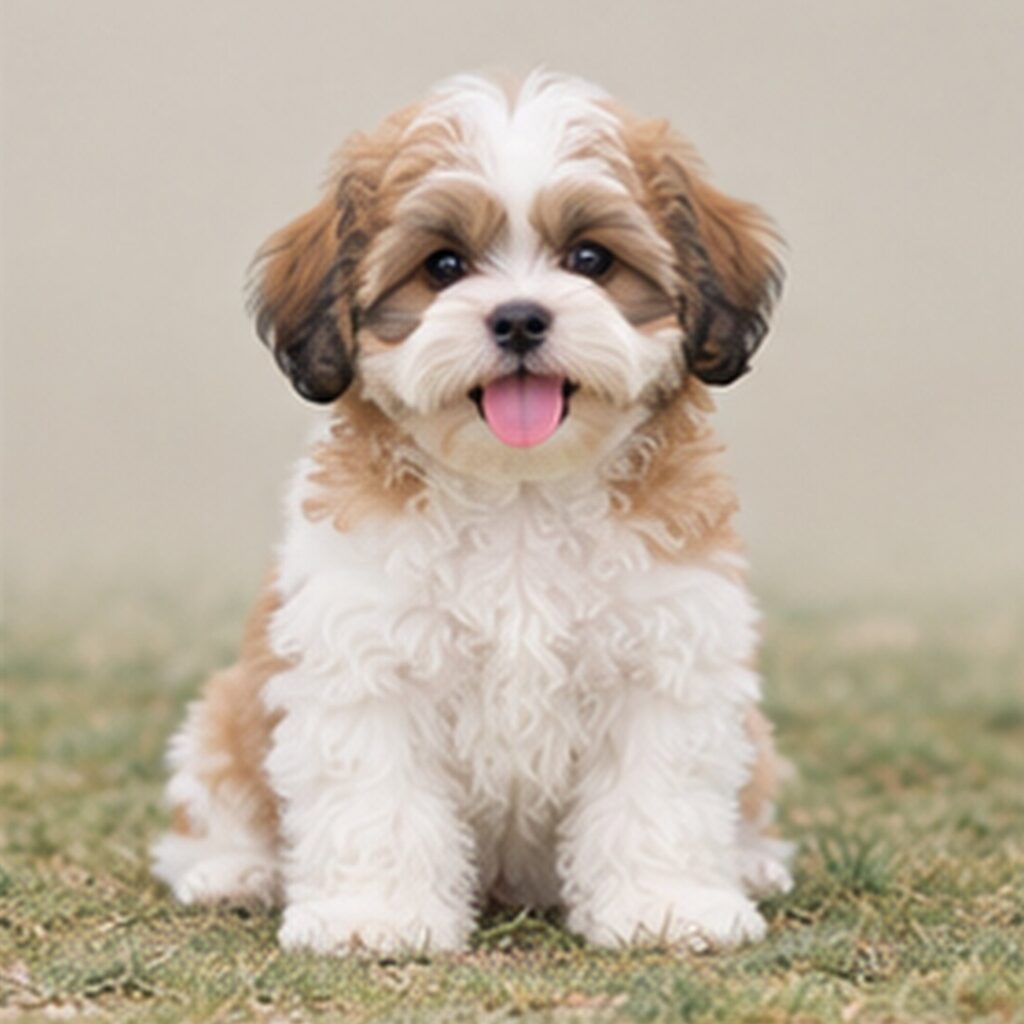 Fluffy, curly coat in shades of white and cream, sitting playfully