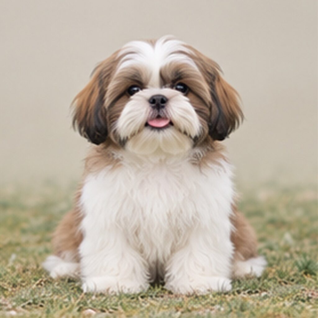 Fluffy Shih Tzu with a silky coat, sitting playfully with a tilted head