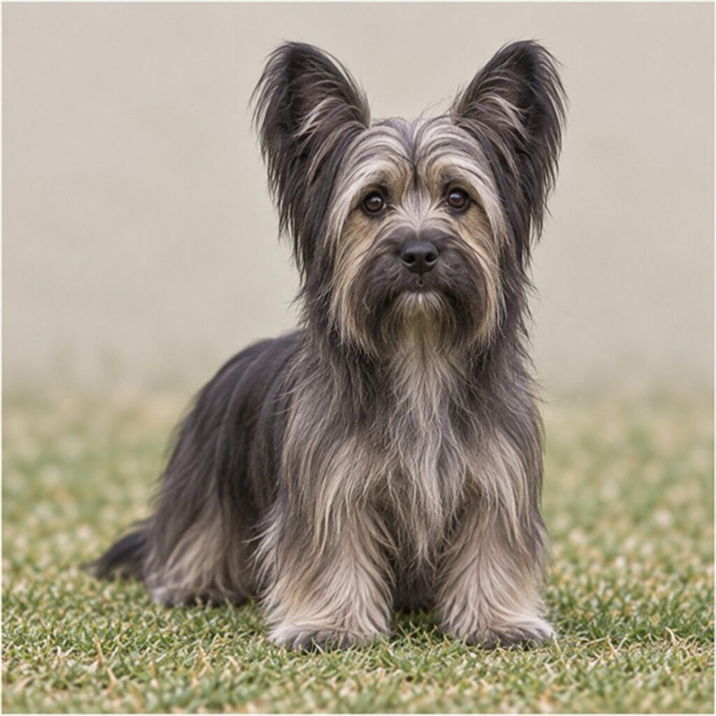 Long-haired dog with a soft, wavy coat, standing proudly outdoors