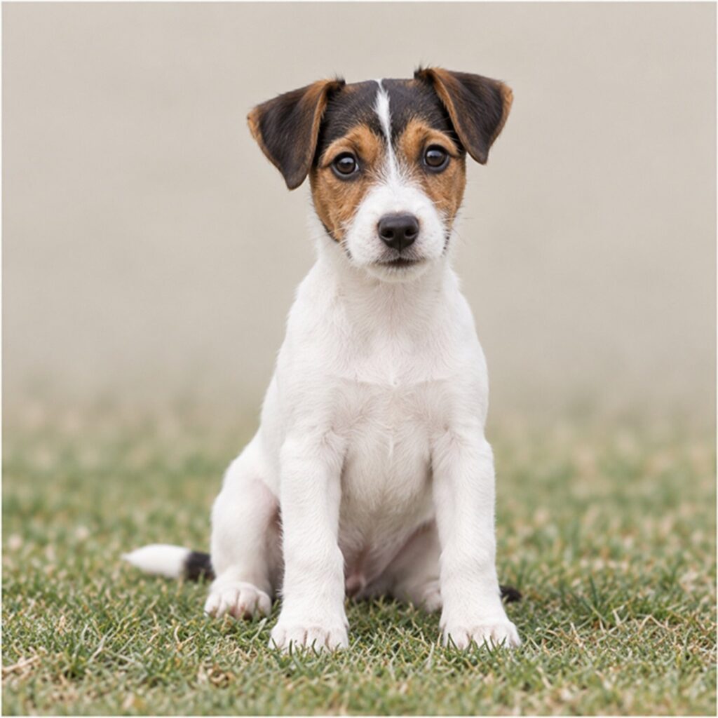 A sleek, white dog with black and brown markings standing alertly